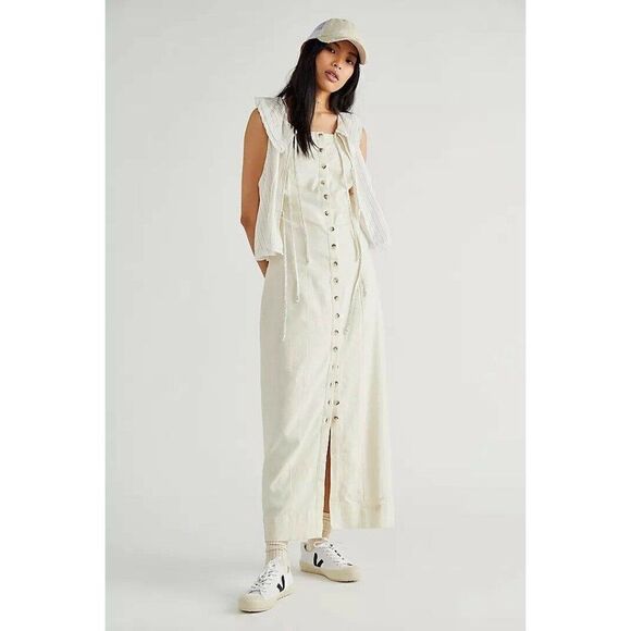 NEW FREE PEOPLE Sz L EMMA’S MIDI DRESS LINEN BUTTONDOWN DRESS - Picture 1 of 3